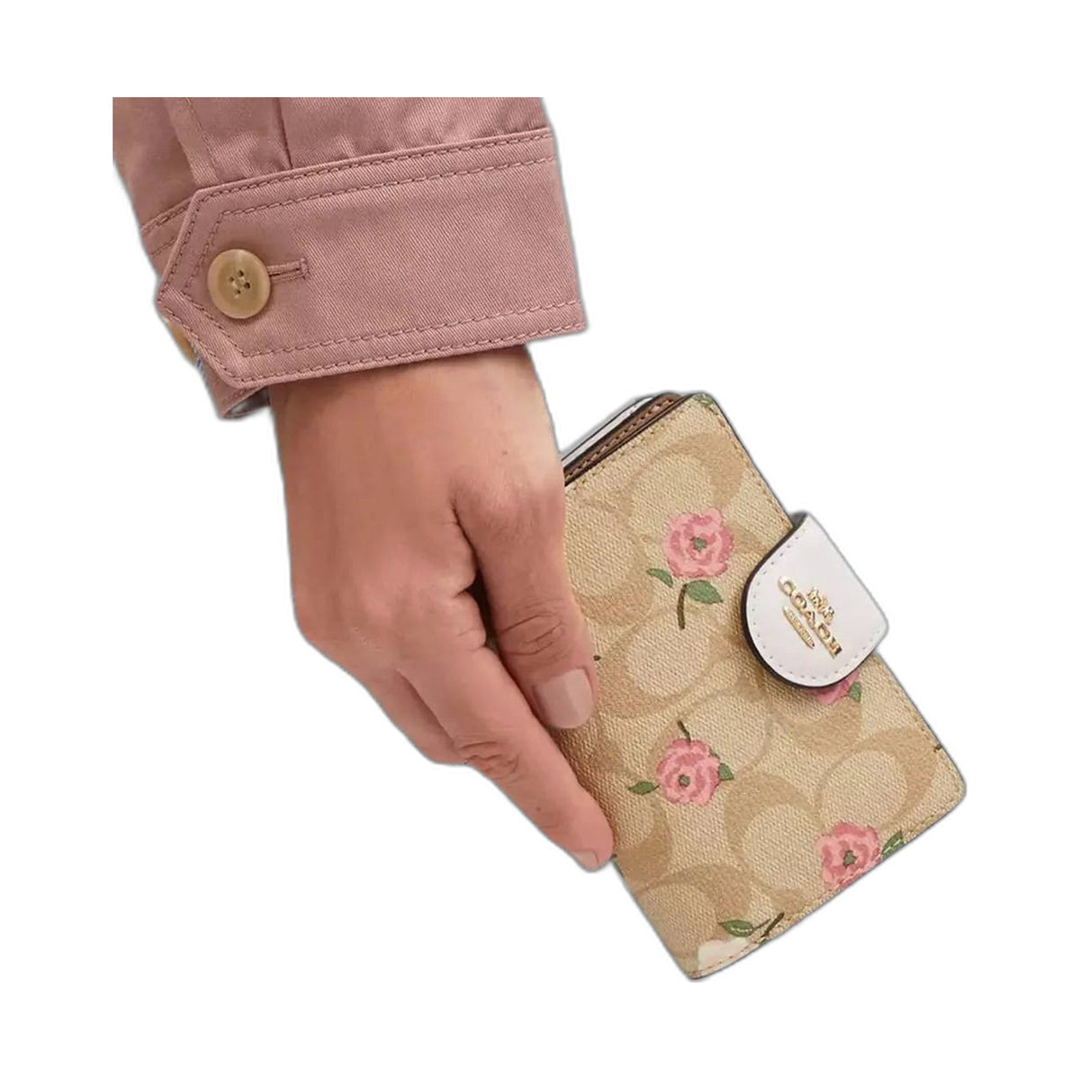 Coach Signature Rose Print Snap Wallet - Coach Khaki wallet