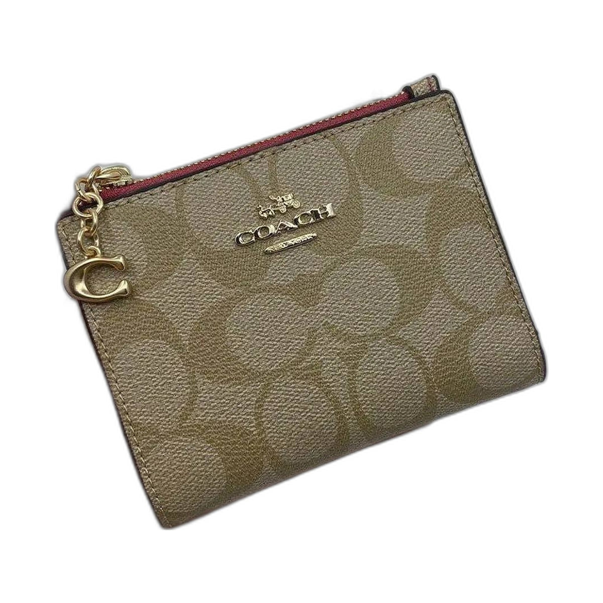 Coach Signature Zip Card Case with Charm - Coach Khaki wallet